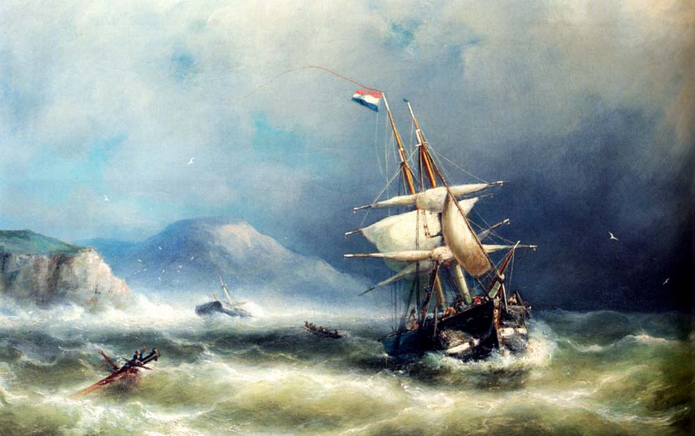A Barque In Distress Off A Rocky Coast by Nicolaas Riegen-Landscape Painting