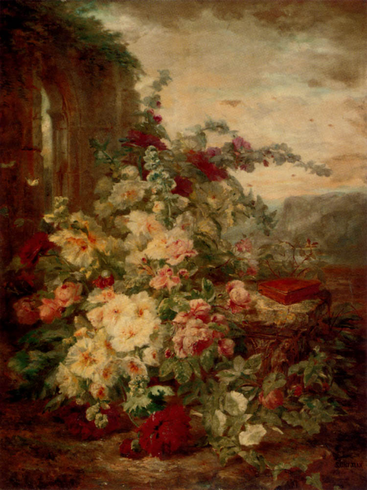 A Book on a Plinth by a Rose Bush at the Ruins by Simon Saint Jean-Still Life Painting