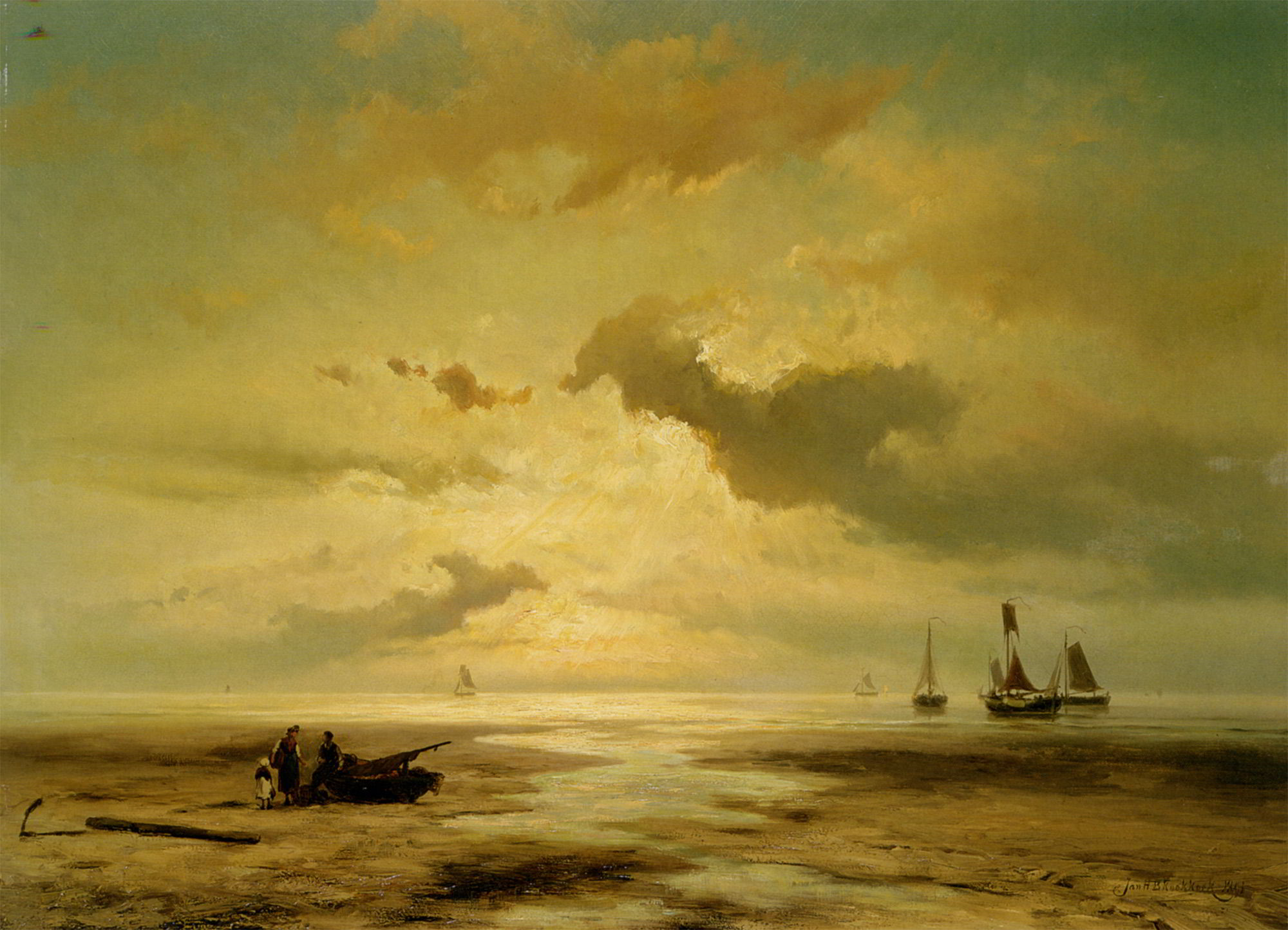 A Coastal Scene with Figures on the Beach by Johannes Hermanus Barend Koekkoek-Dutch Painting