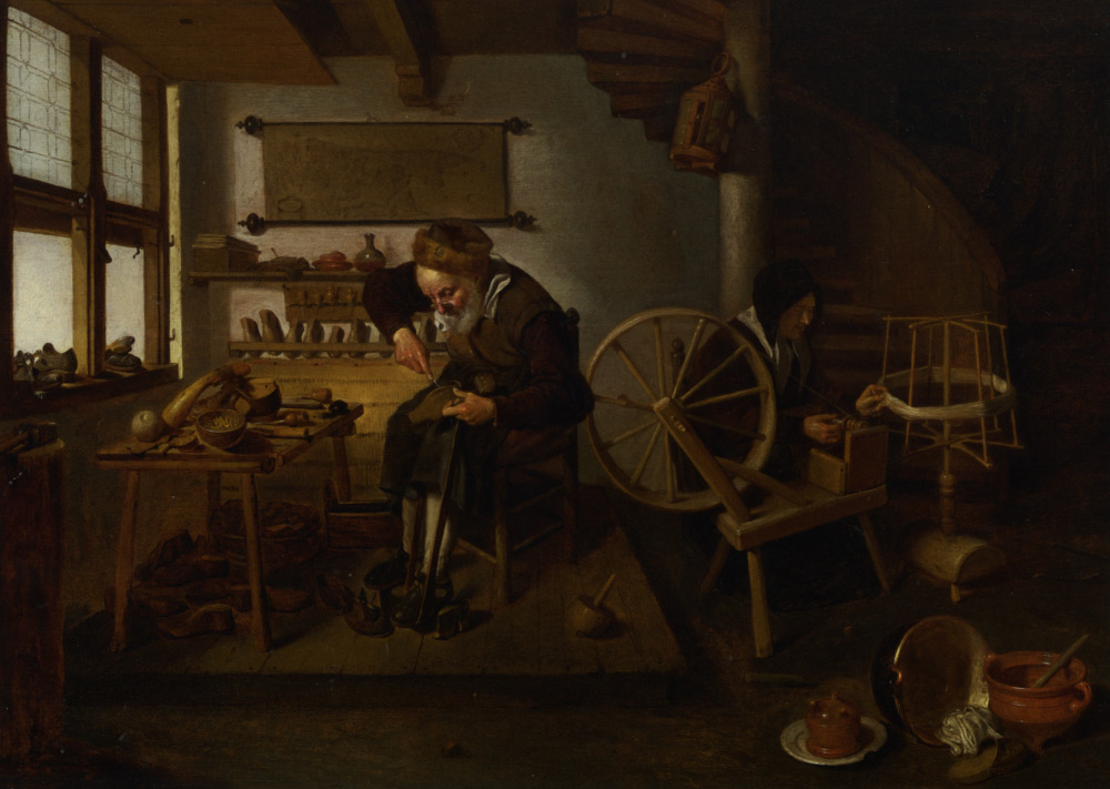 A Cobbler at Work with His Wife Spinning Wool by Quiringh Gerritsz. van Brekelenkam-History Painting