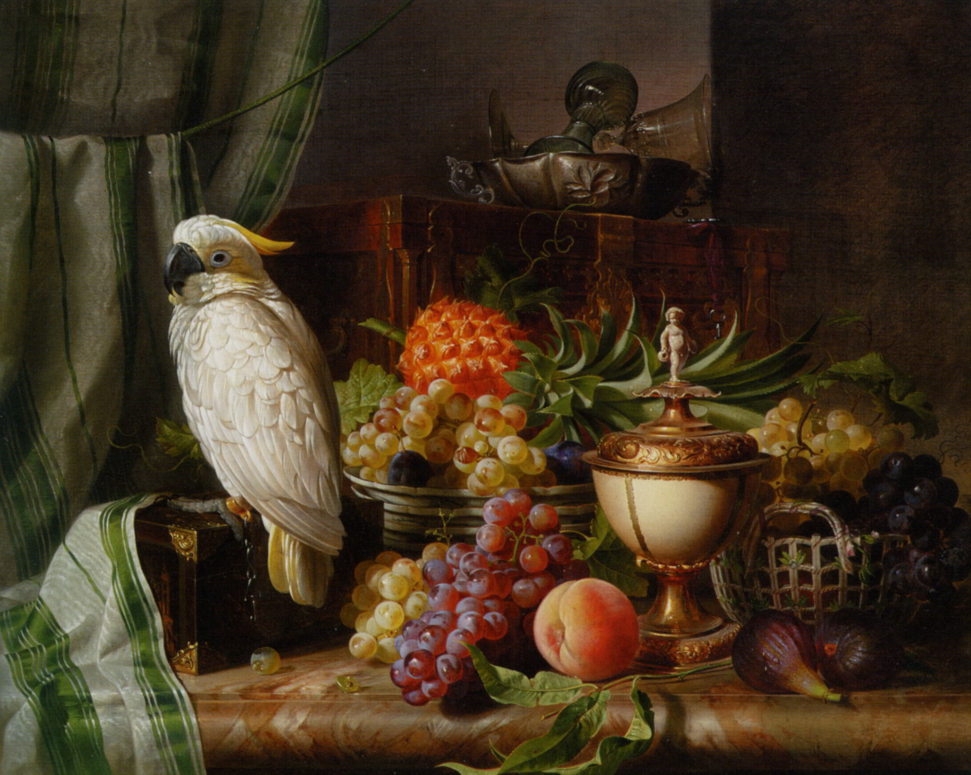 A Cockatoo Grapes Figs Plums a Pineapple and a Peach by Josef Schuster-Austrian Painting