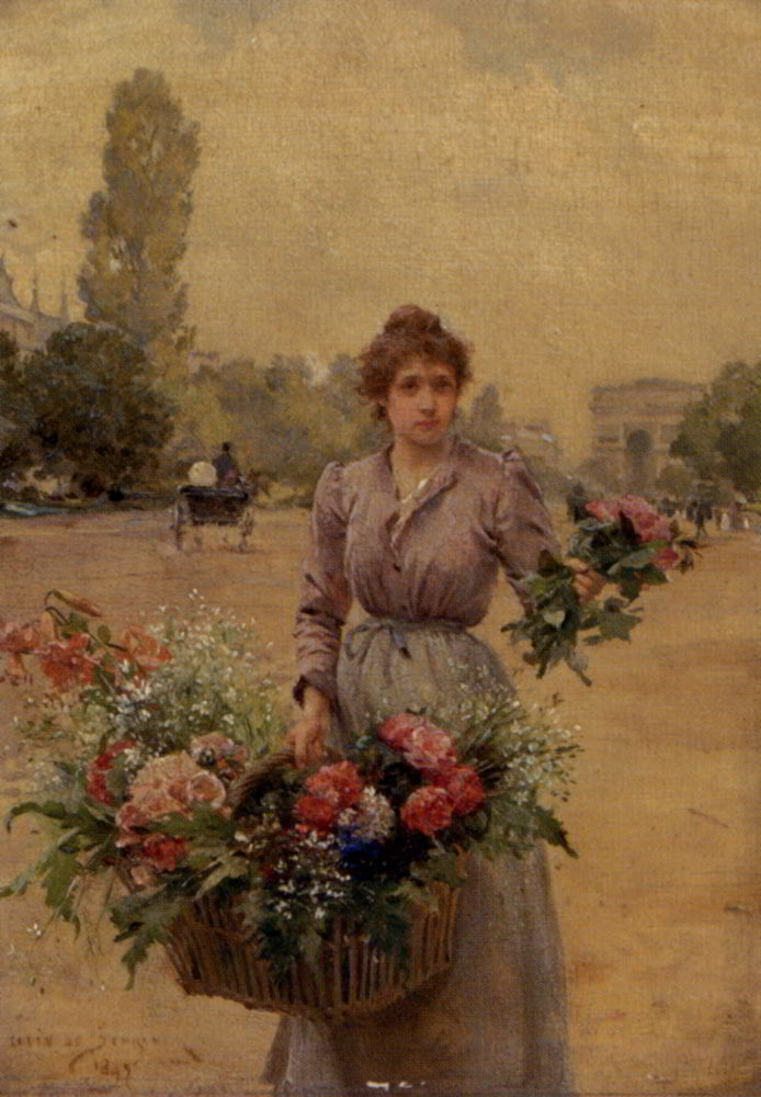 A Flower Seller Near The Arc De Triomphe by Louis Marie de Schryver-French Painting