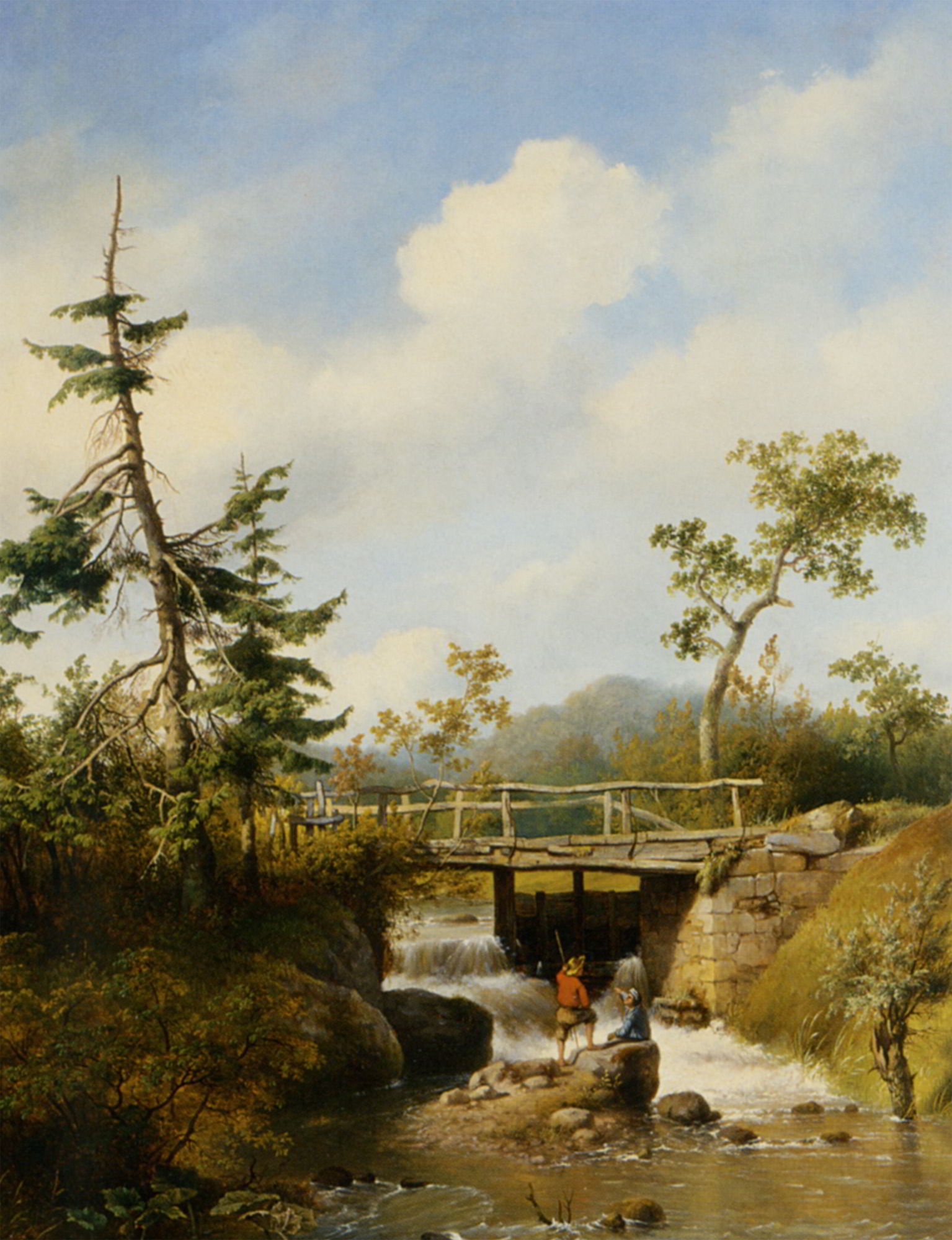 A Forest View with Figures by a Stream by Hendrikus van den Sande Bakhuyzen