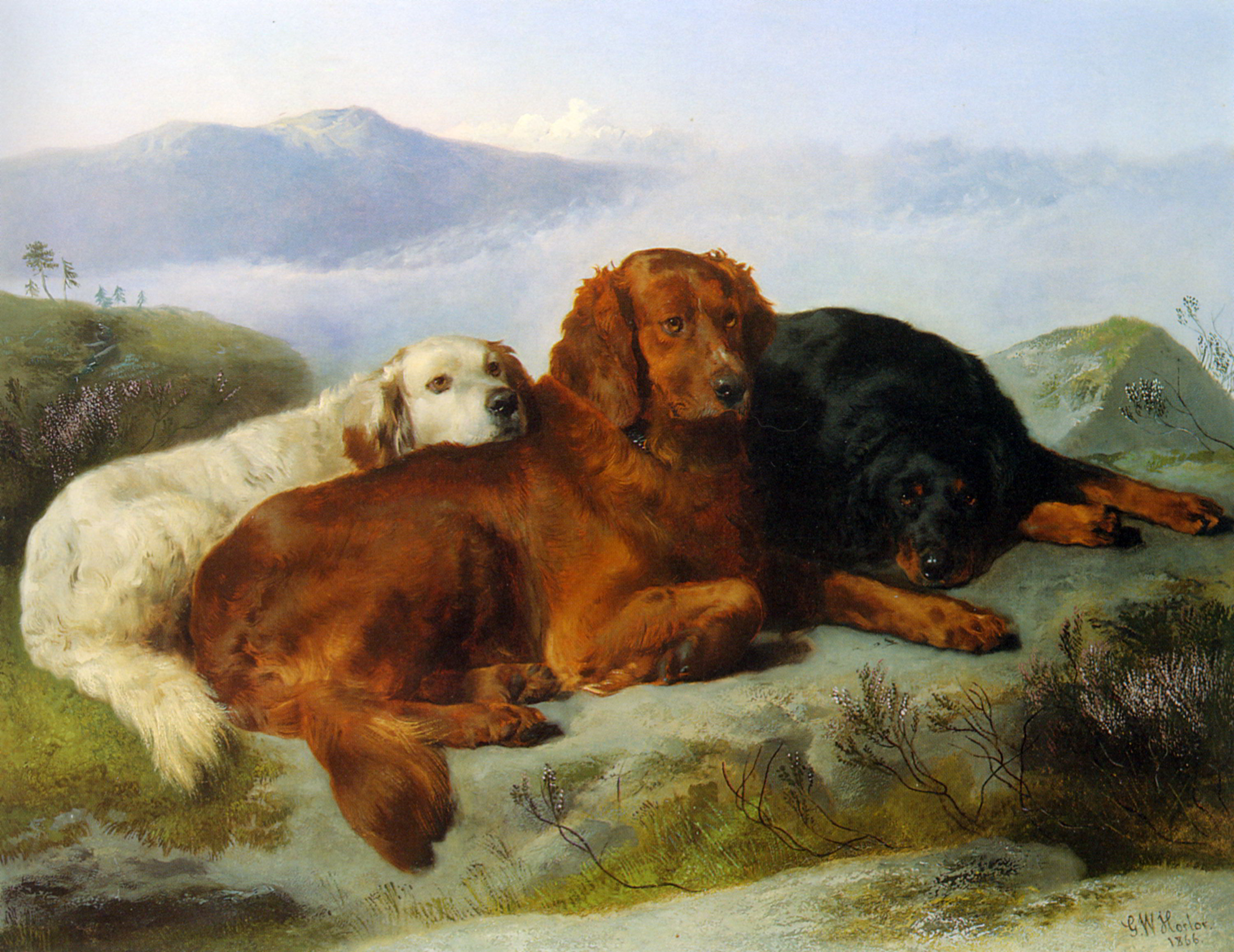 A Golden Retriever, Irish Setter, and a Gordon Setter in a Mountainous Landscape by George W. Horlor