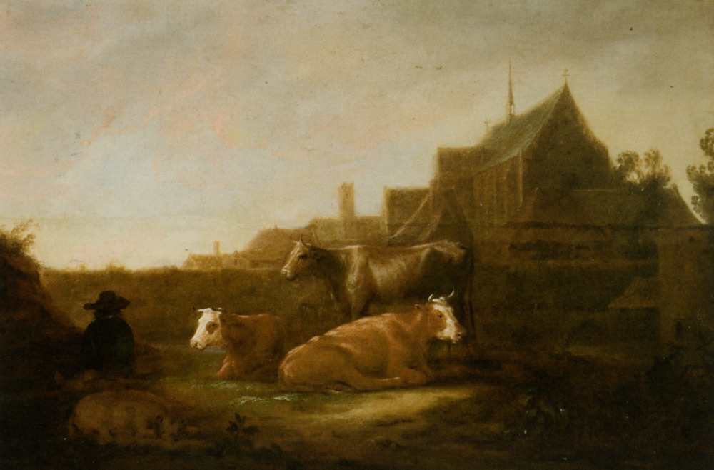 A Herdsman and Town with Duitsche Huis and Mariakerk Utrecht Beyond by Aelbert Cuyp