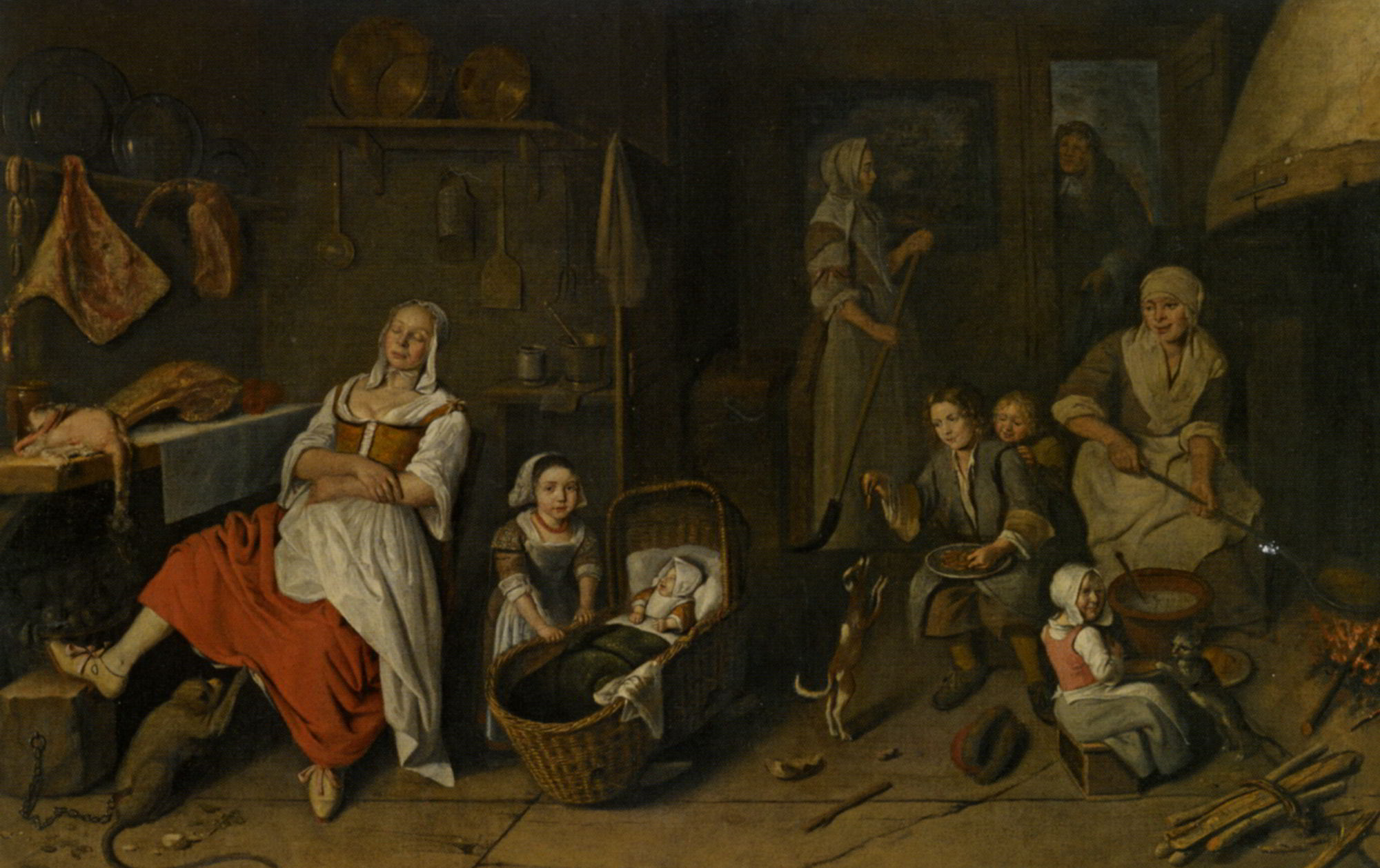 A Kitchen Interior with a Woman Cooking at the Hearth Children Playing and a Woman Resting by the Butchers Table by Pieter Gerritsz. van Roestraeten-Oil Painting