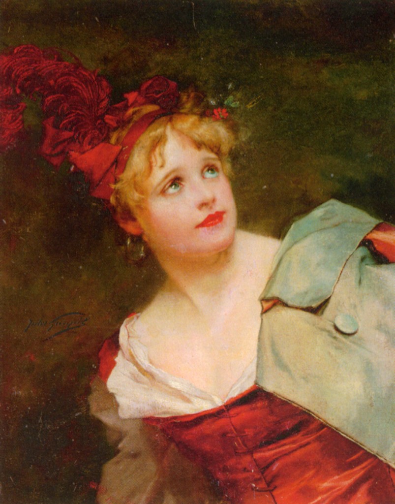 A Lady Wearing a Crimson Hat by Jules Adolphe Goupil-French Painting