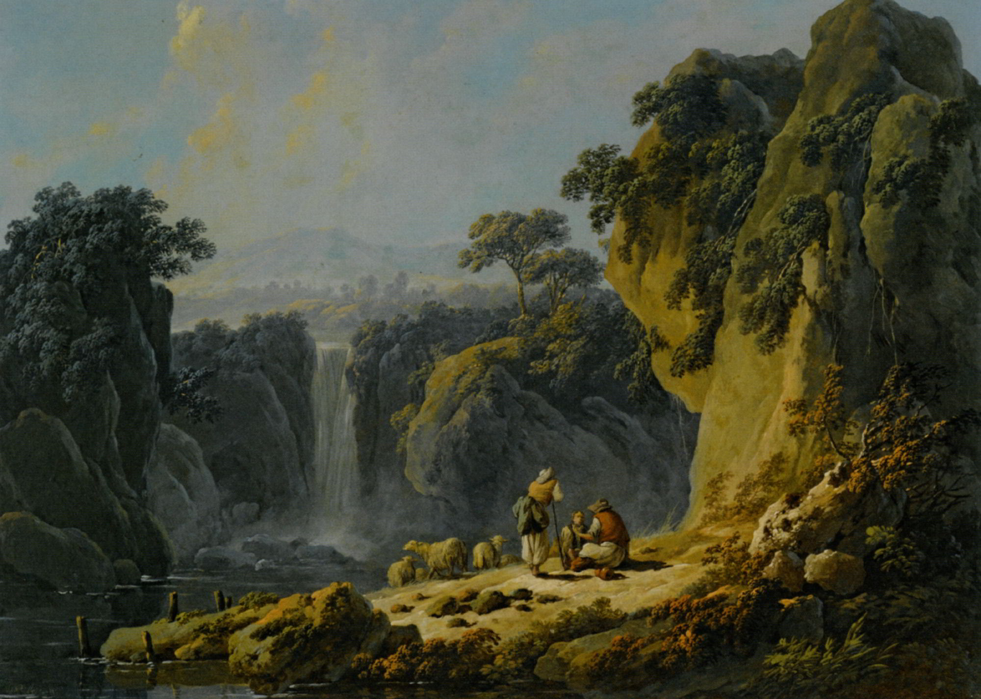 A Landscape with Peasants Resting their Flock Beside a Waterfall by Jean-Baptiste Pillement