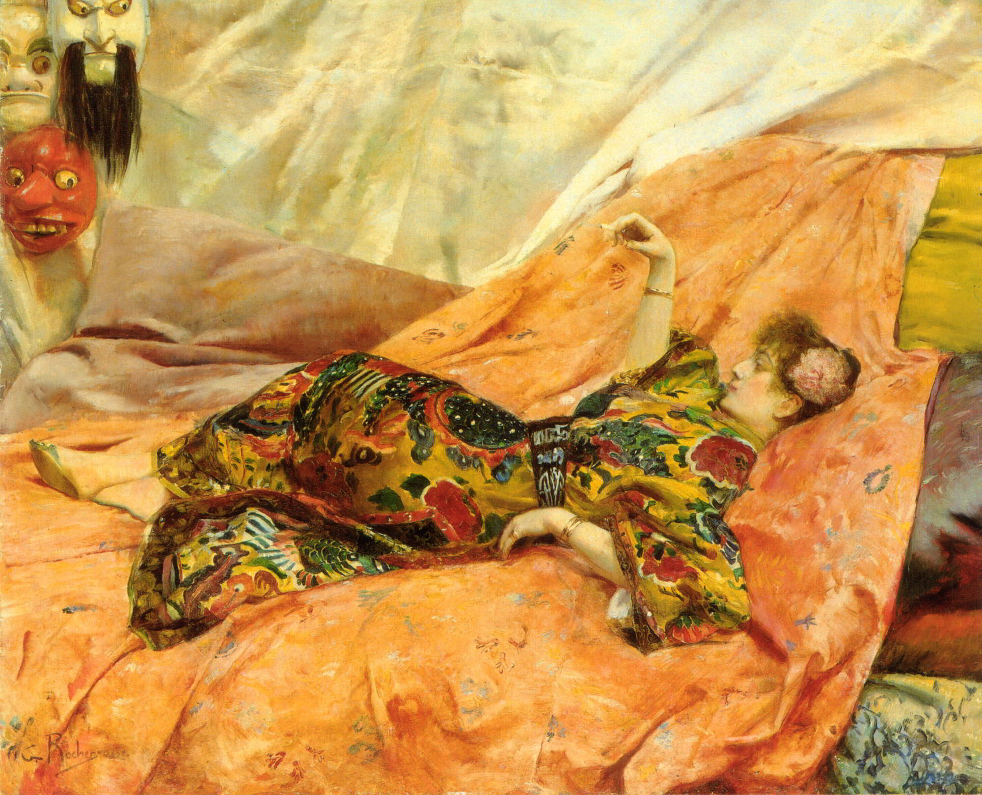 A Portrait of Sarah Bernhardt, reclining in a chinois interior by Georges Antoine Rochegrosse-Portrait Painting