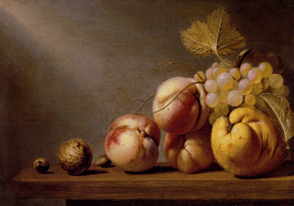 A Still Life Of Paeches, Grapes, A Quince, A Walnut And Two Hazelnuts On A Wooden Table by Harmen Steenwijck-Still Life Painting
