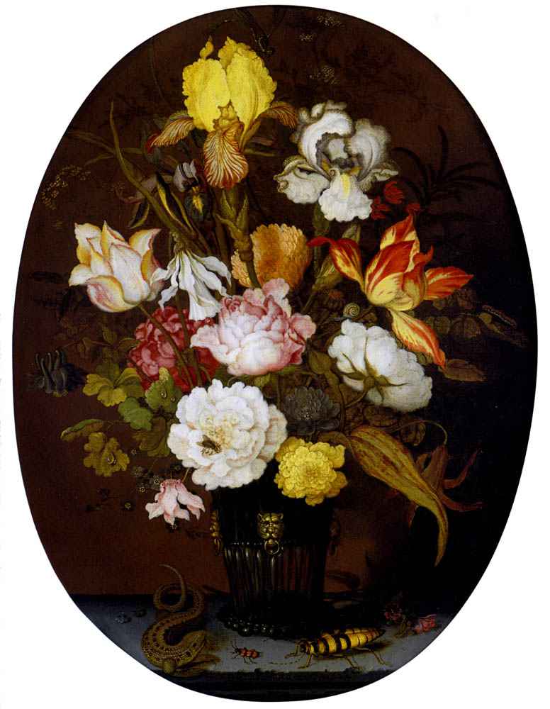 A Still life of roses, irises, tulips, narcissi and other flowers, in a glass vase with gilt mounts, set upon a ledge, flanked by a lizard and a large beetle by Balthasar Van Der Ast