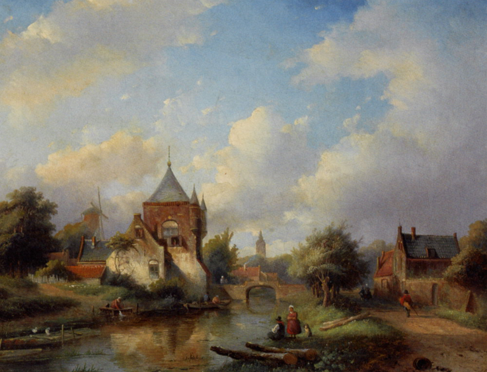 A Summer Landscape with Figures Along the Riverside by Jan Jacob Coenraad Spohler-Landscape Painting