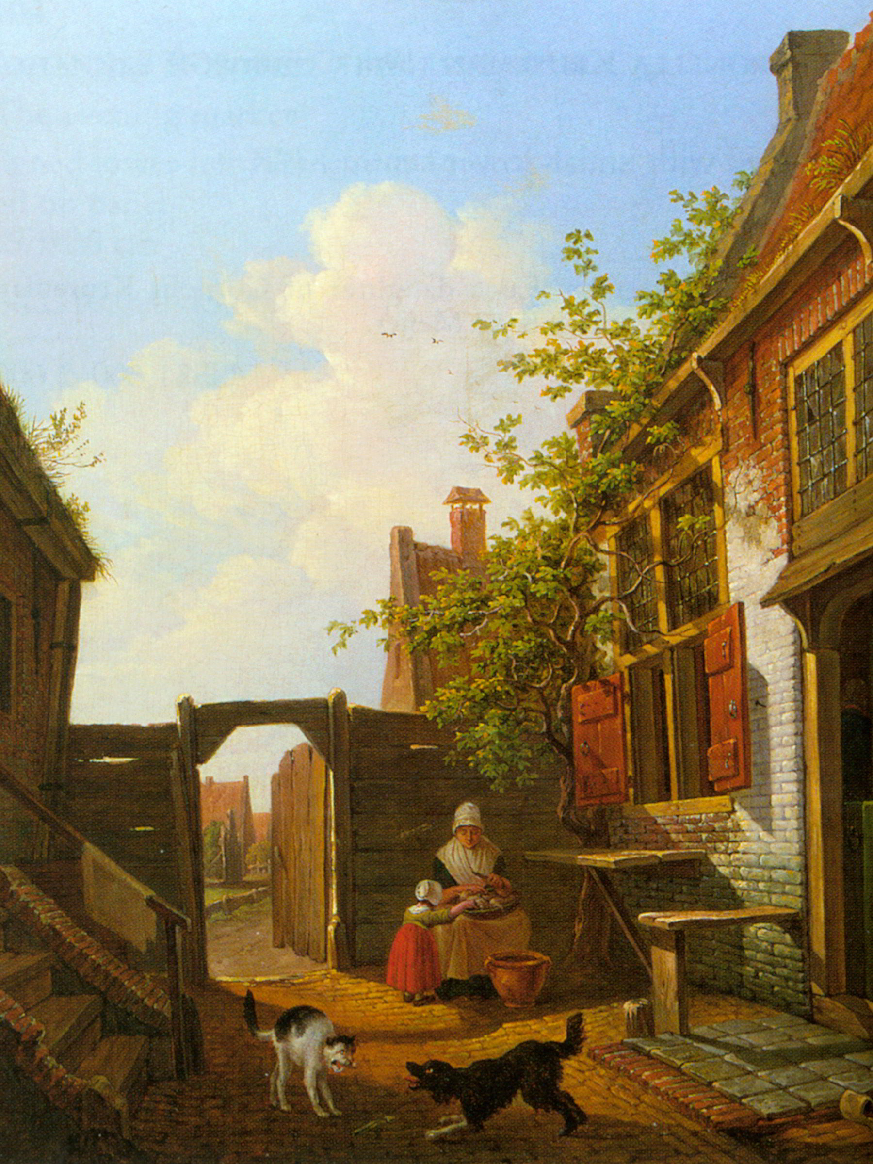 A Sunlit Courtyard with Mother and Child Peeling Vegetables by Francois Joseph Jr. Pfeiffer