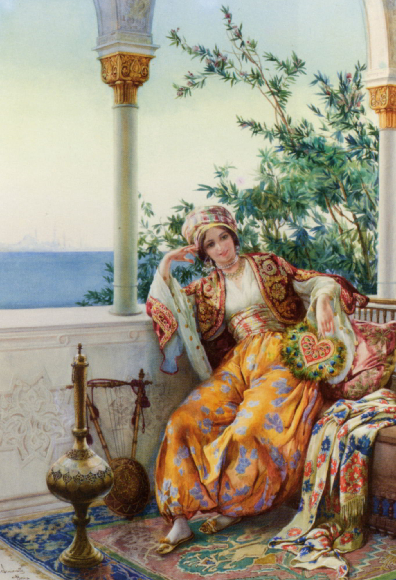 A Turkish Beauty Resting on a Terrace by Amedeo Momo Simonetti-Italian Painting