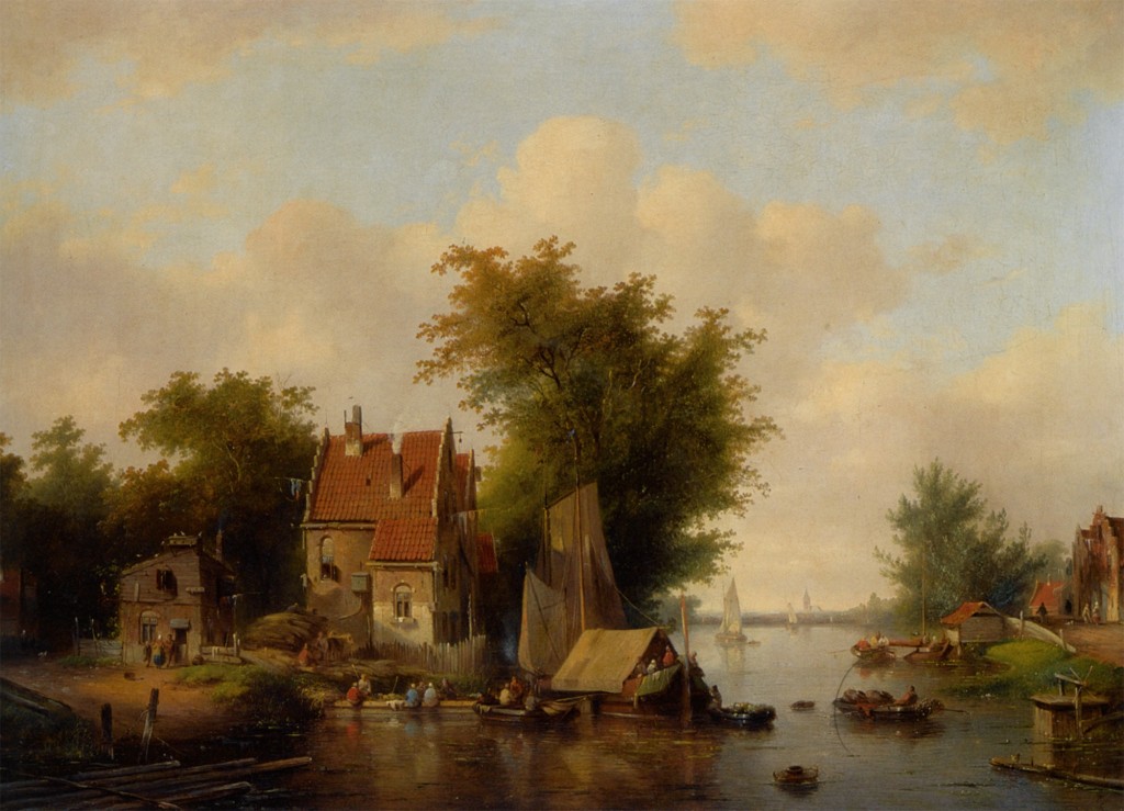 A river landscape with many figures by a village by Jacobus Van Der Stok-Landscape Painting