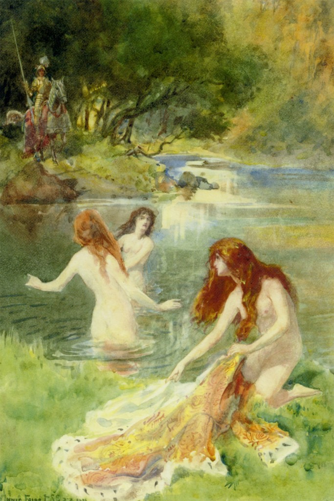 Bathing maidens surprised by a knight by Innes Fripp