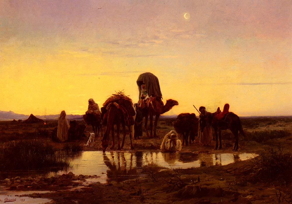 Camel Train By An Oasis At Dawn by Eugene-Alexis Girardet (Eugene Alexis Girardet)