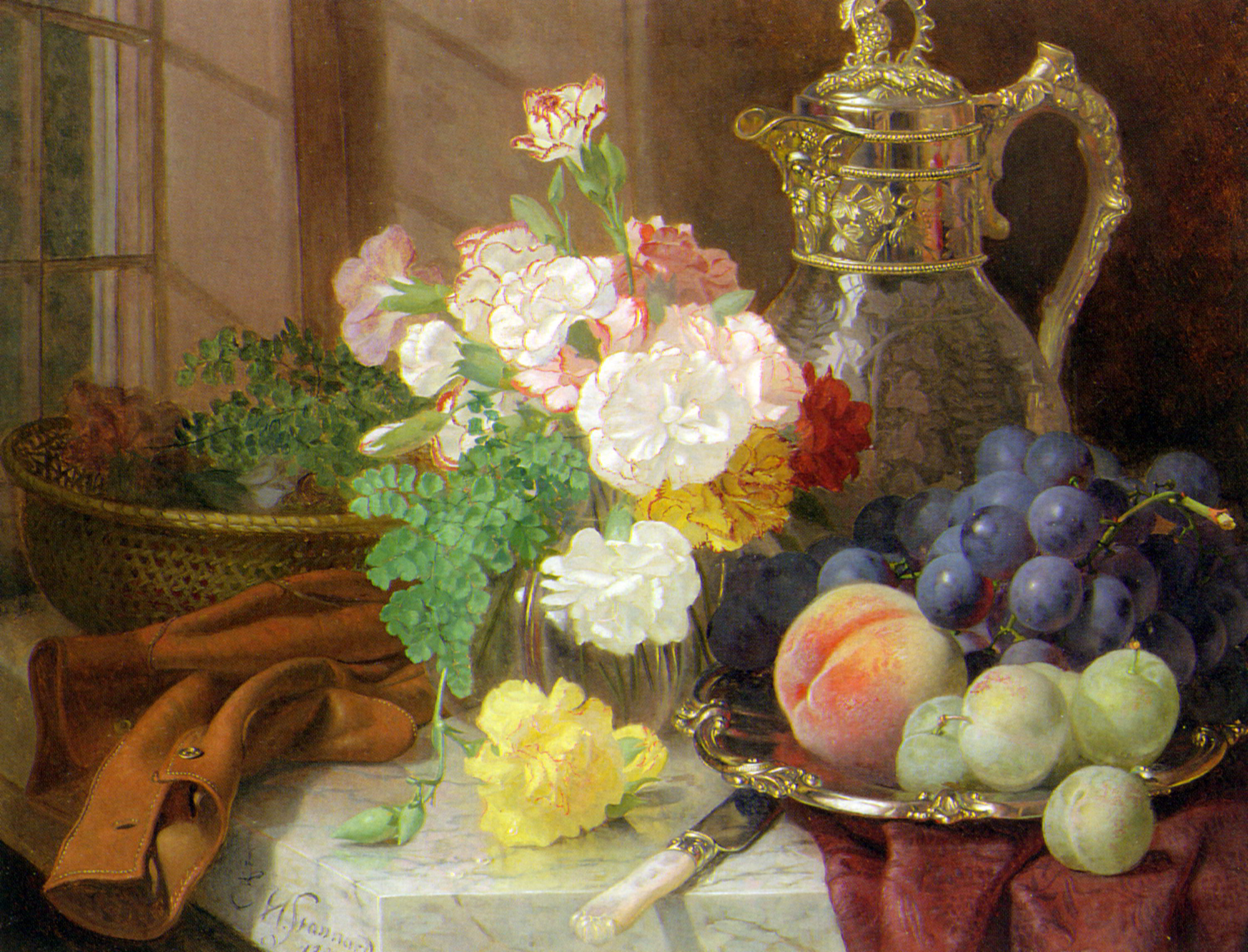Carnations in a glass vase on a draped marble ledge by Eloise Harriet Stannard-Still Life Painting
