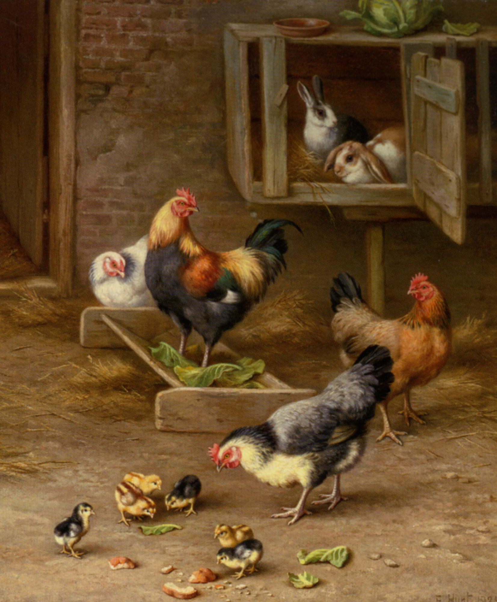 Chickens Chicks and Rabbits in a Hutch by Edgar Hunt