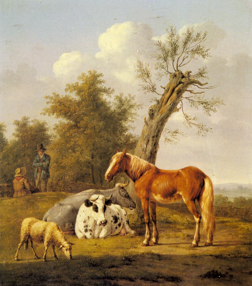 Cows, a Horse and a Sheep Resting by a Blasted Oak by Anthony Oberman