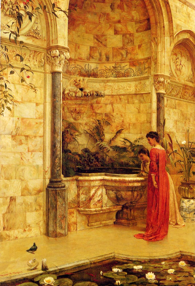 Elegant Ladies By A Fountain by Edward R. Taylor-Genre Painting