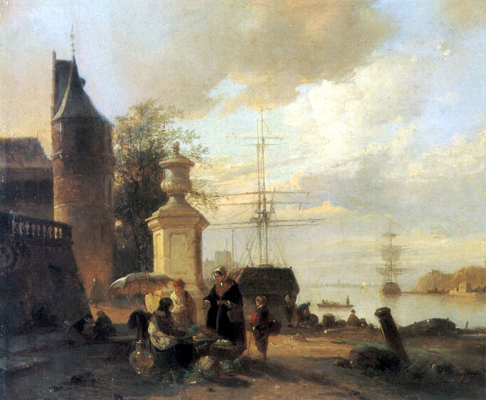 Figures at a market Stall by a Harbour by Jan Michael Ruyten-Belgian Painting