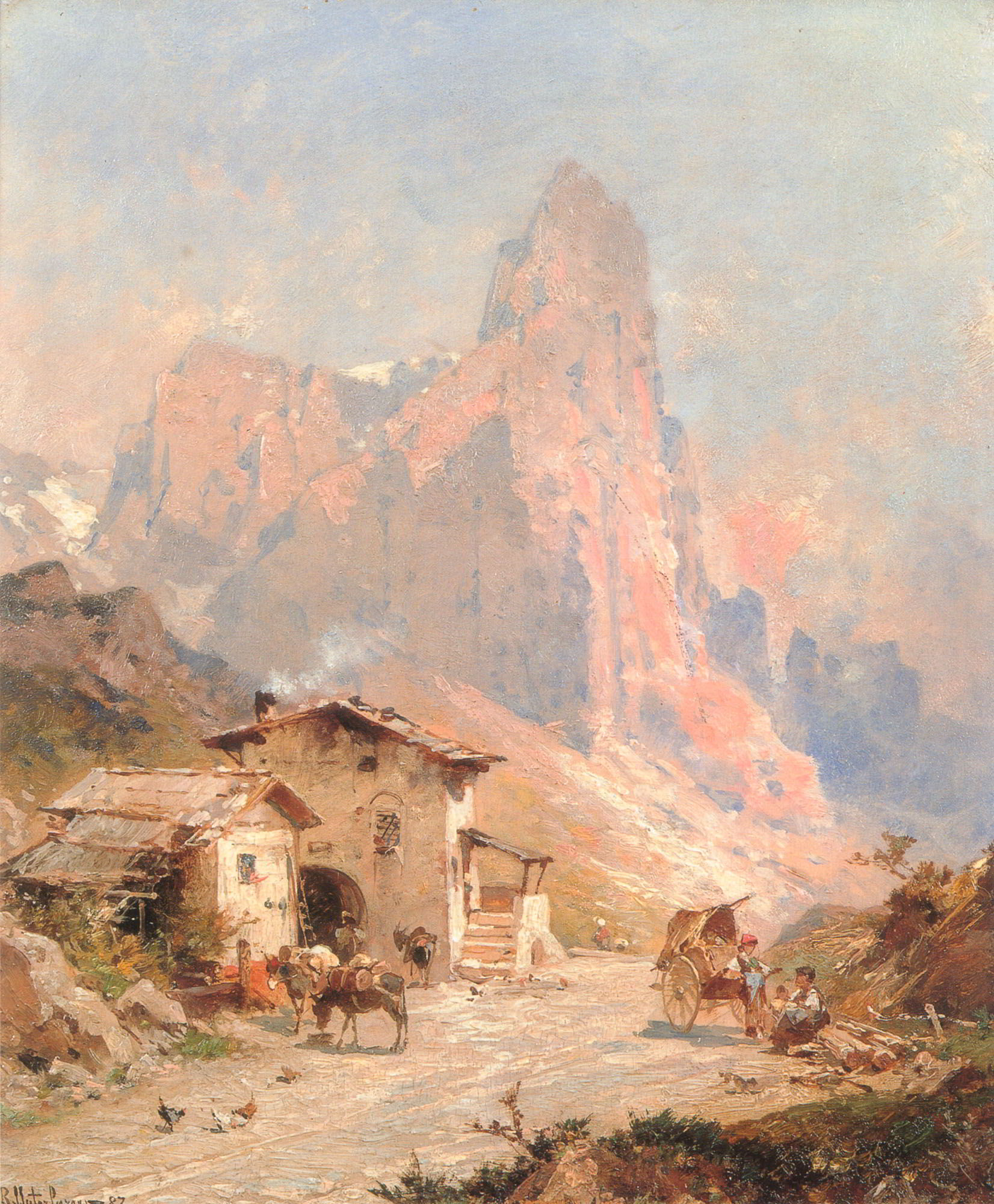 Figures in a Village in the Dolomites by Franz Richard Unterberger-Genre Painting