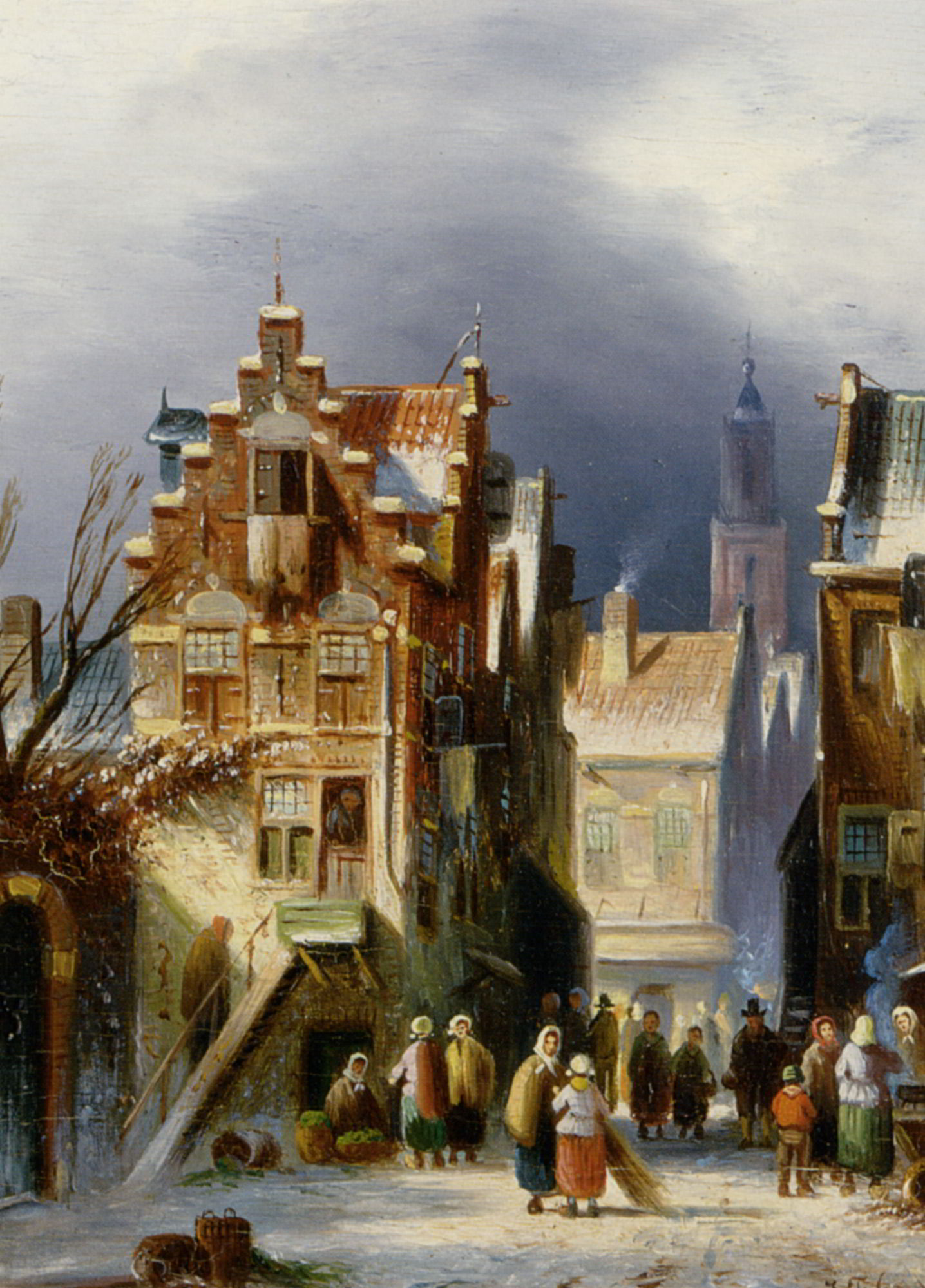 Figures in a Wintry Dutch town by Johannes Franciscus Spohler-Oil Painting