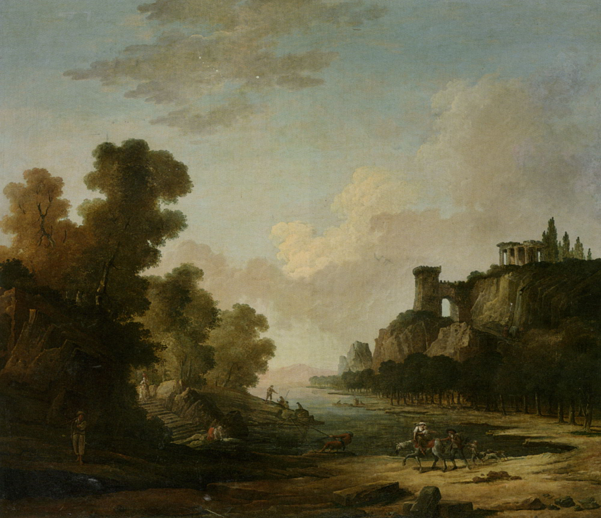 Figures on the Banks of a Lake with Classical Ruins by Hubert Robert-Oil Painting