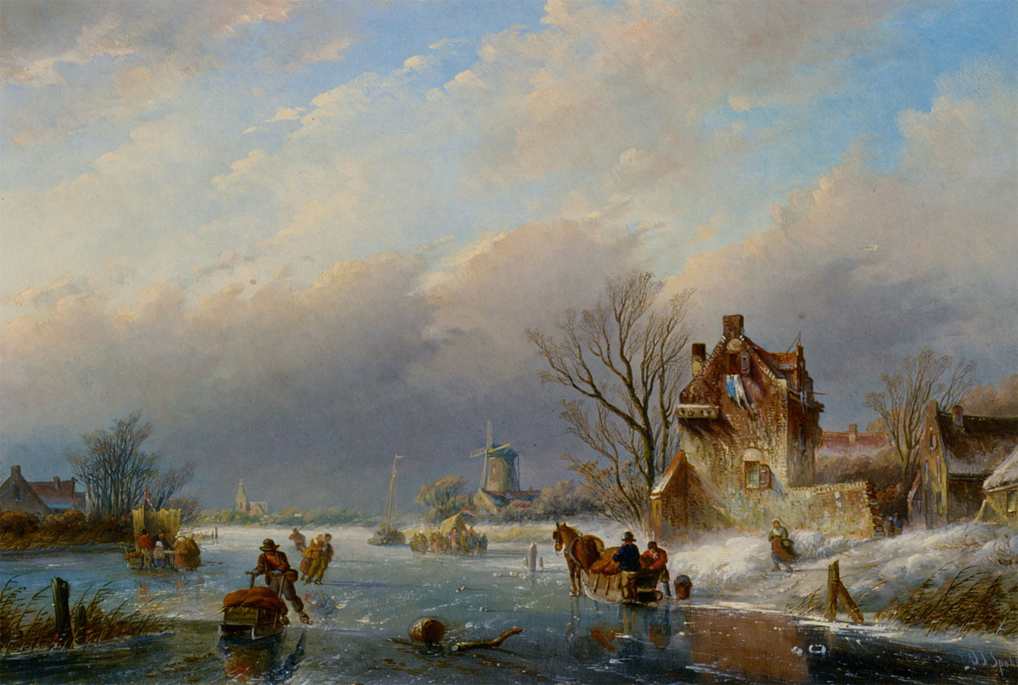 Figures on the Ice in a Winter Landscape by Jan Jacob Coenraad Spohler-Landscape Painting