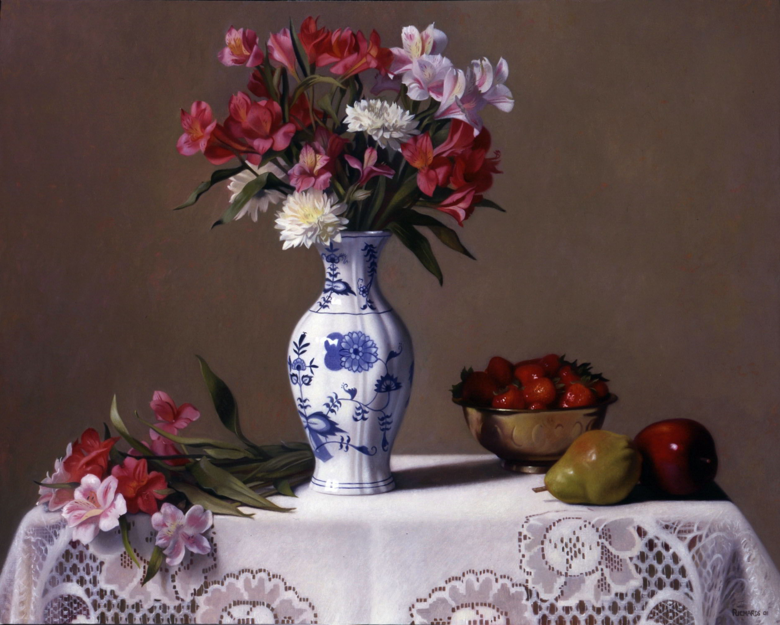 Flowers and Lace by Kirk Richards-Still Life Painting