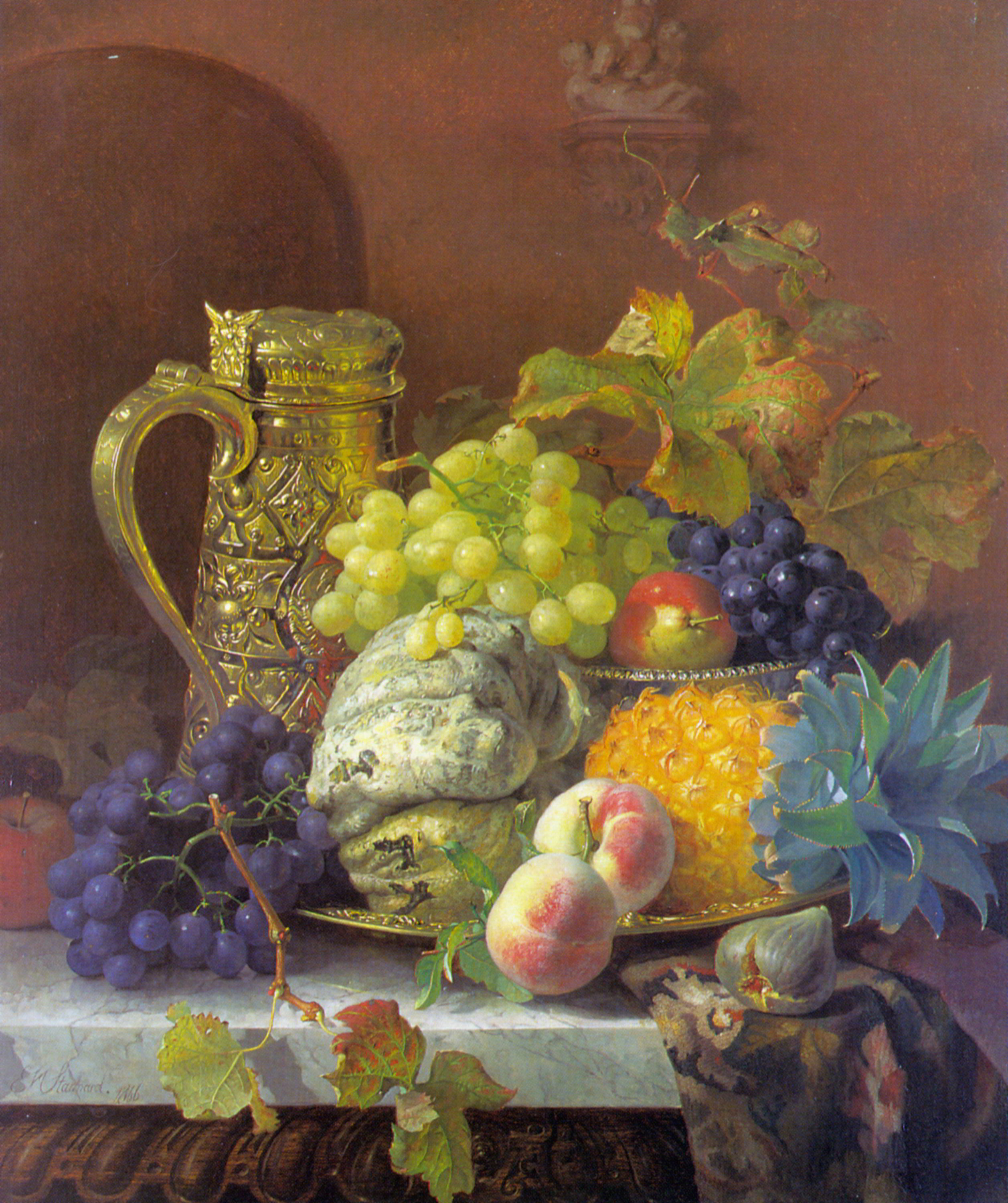 Fruits on a tray with a silver flagon on a marble ledge by Eloise Harriet Stannard-Still Life Painting