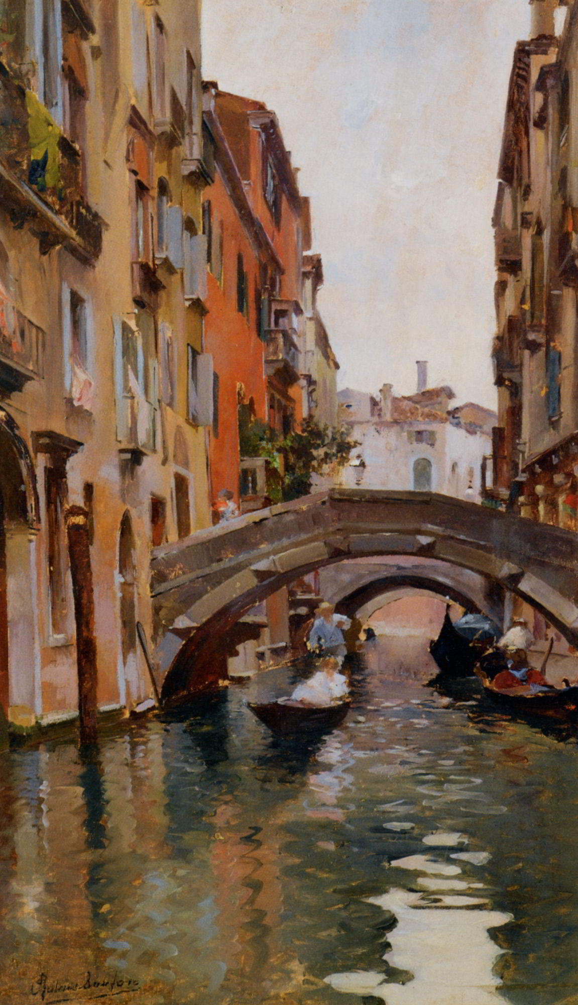 Gondola On a Venetian Canal by Rubens Santoro-Italian Painting