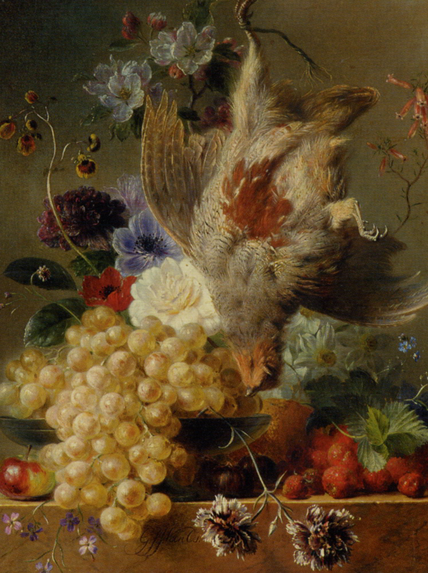 Grapes Strawberries Chestnuts an Apple and Spring Flowers by George Jacobus Johannes Van Os