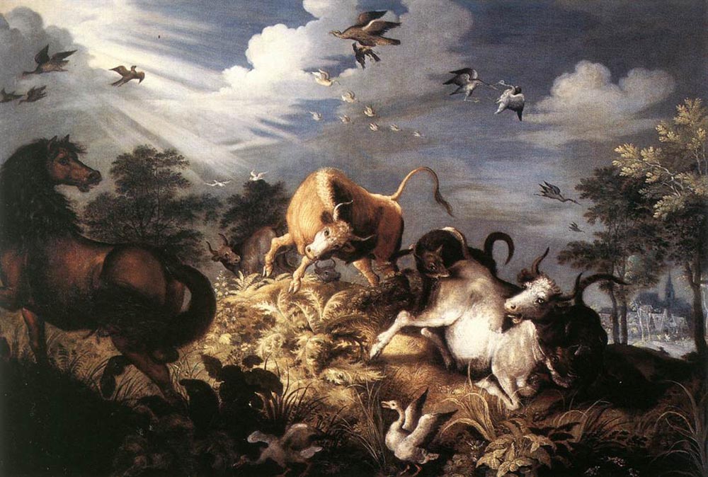 Horses and Oxen Attacked by Wolves by Roelandt Jacobsz Savery-Animal Painting 
