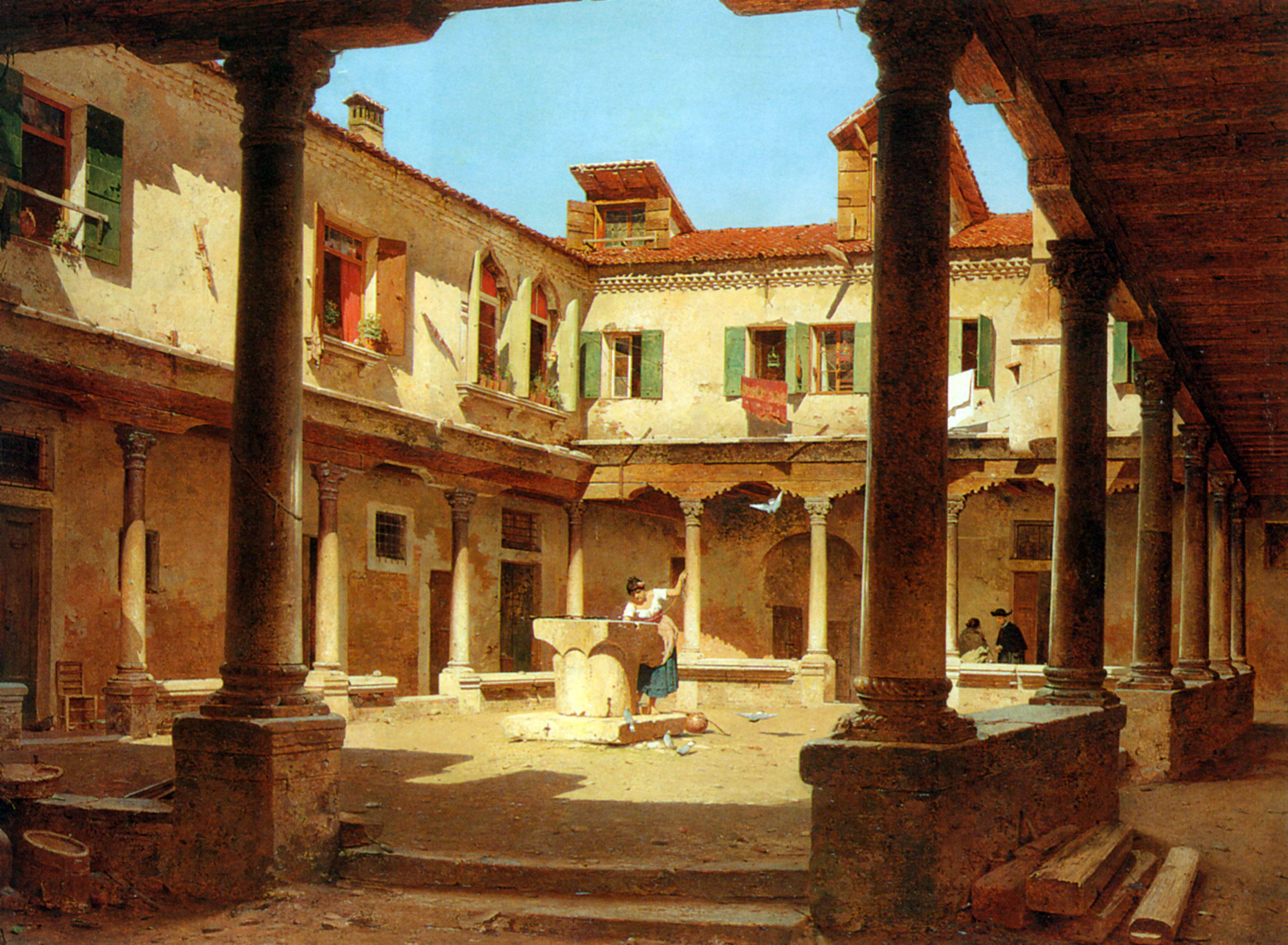 In The Courtyard by Adolf Seel-German Painting