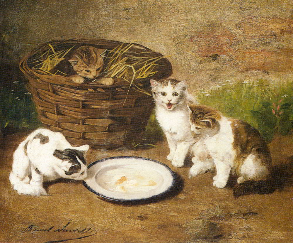 Kittens by a Bowl of Milk by Alfred Brunel de Neuville