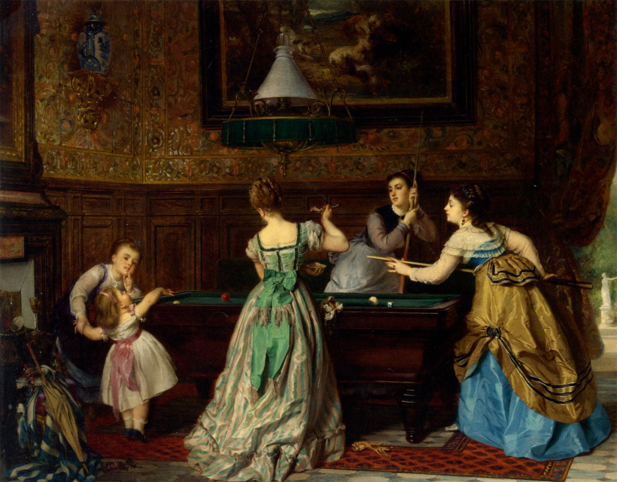 Ladies Playing Billiards by Charles Edouard Boutibonne-Genre Painting