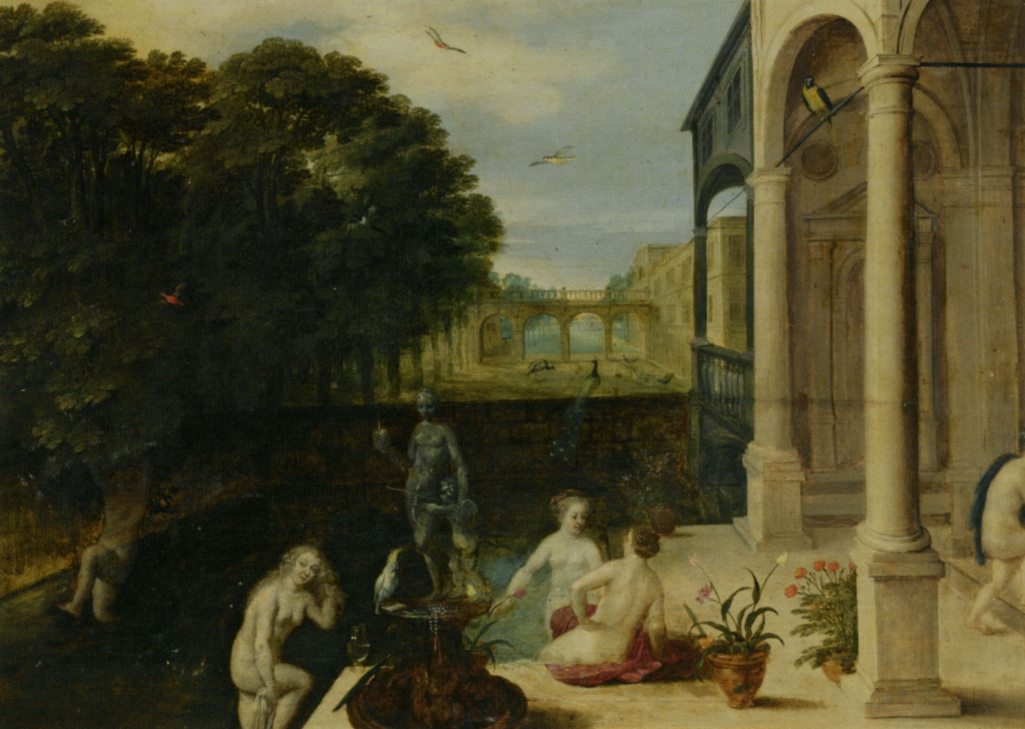 Nymphs Bathing in a Classical Garden Setting by Adriaan van Stalbemt-Oil Painting