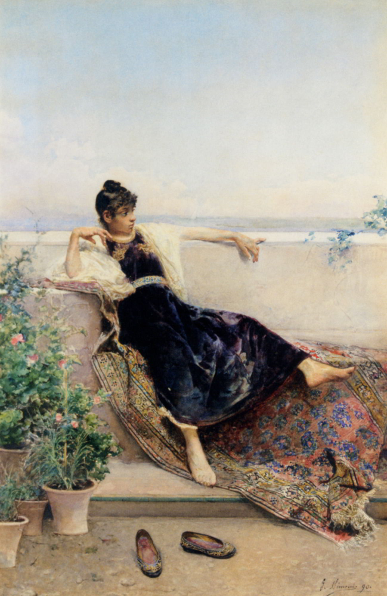 Odalisque on a balcony by Gustavo Simoni-Watercolour Painting