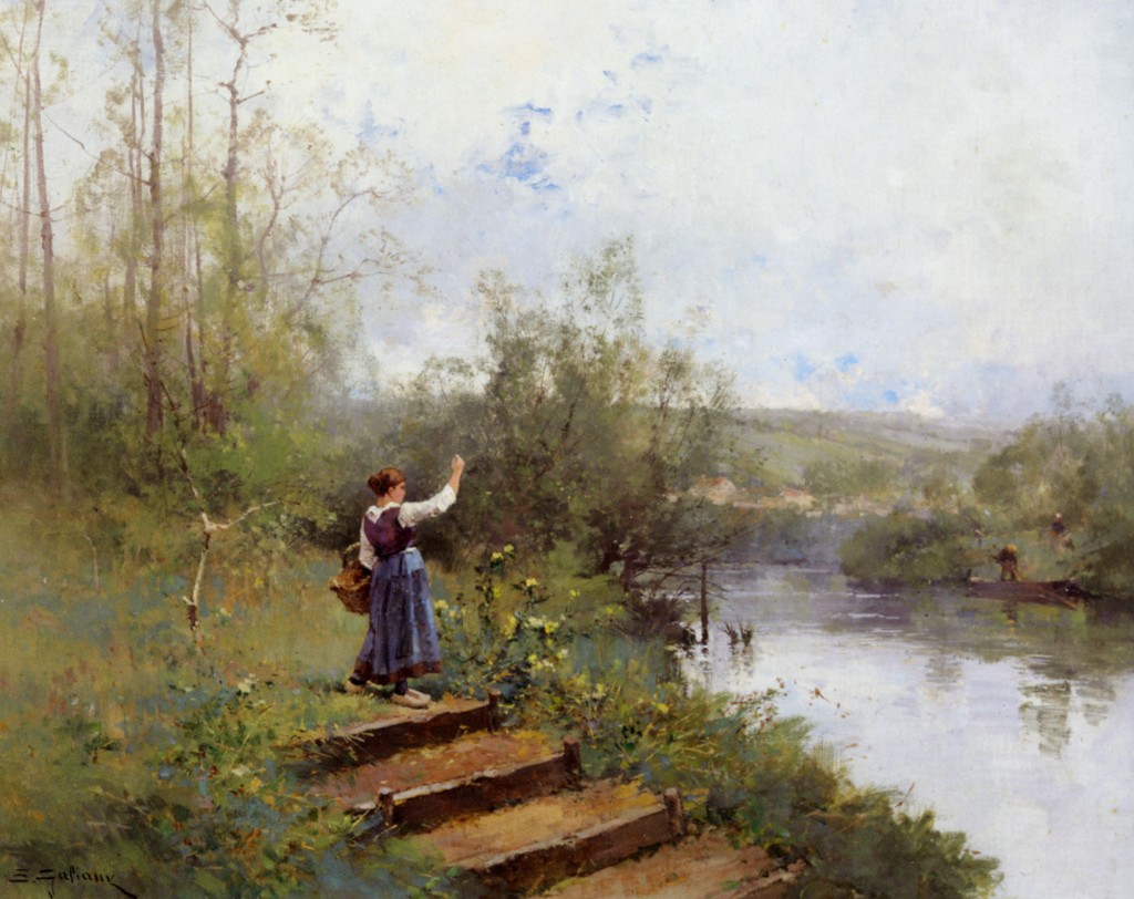 Paysanne au bord de la riviere by Eugene Galien-Laloue