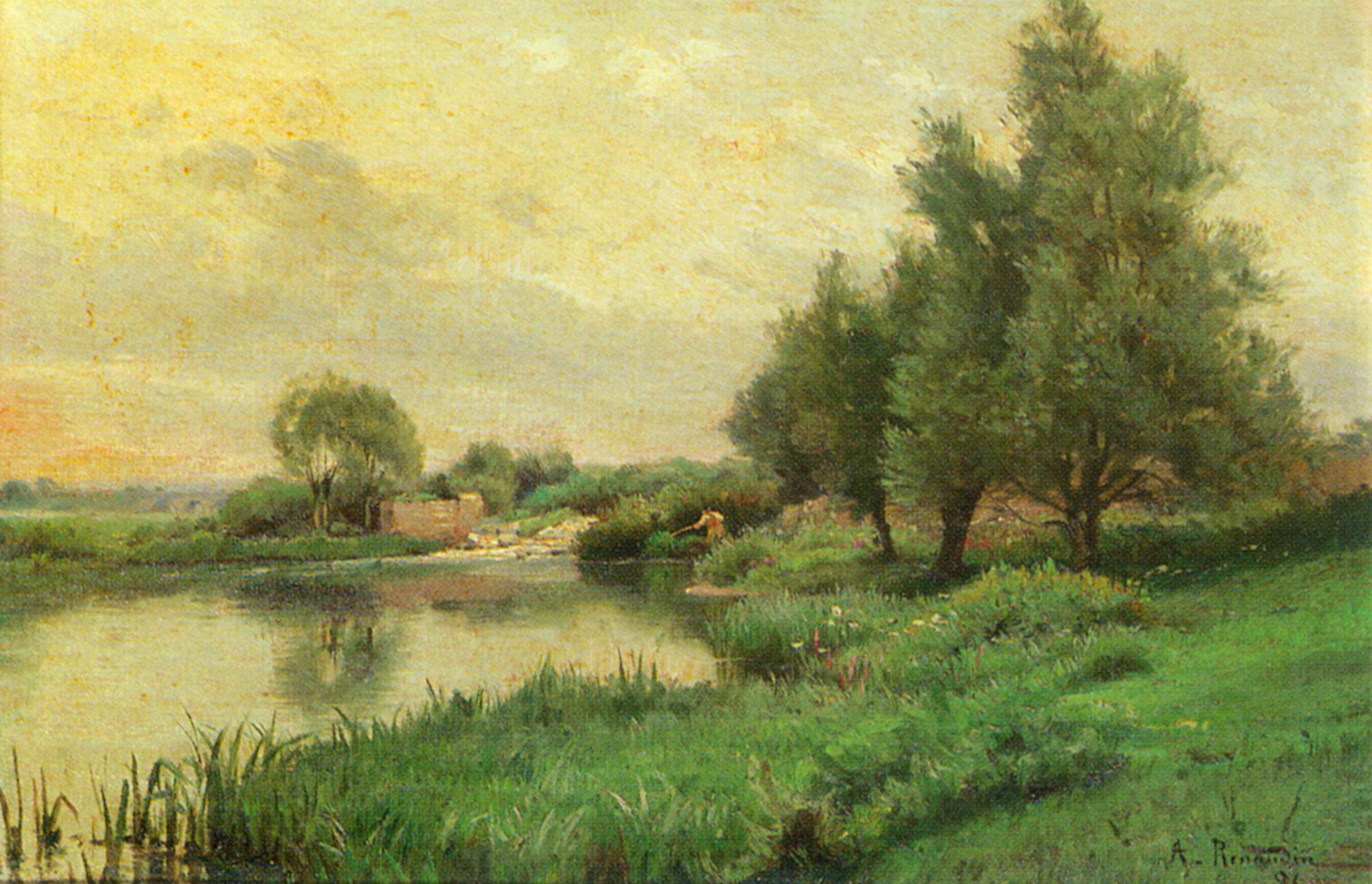 Pecheur au bord de la riviere by Alfred Renaudin