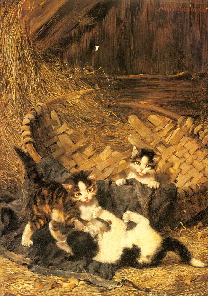 Playful Kittens in a Basket by Julius Adam