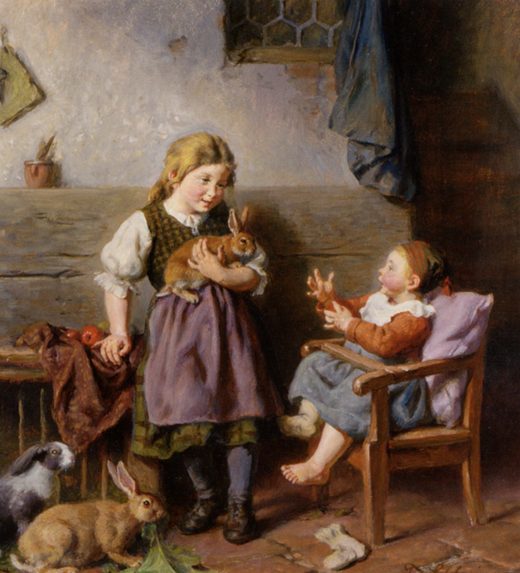 Playing with rabbits by Felix Schlesinger-Oil Painting