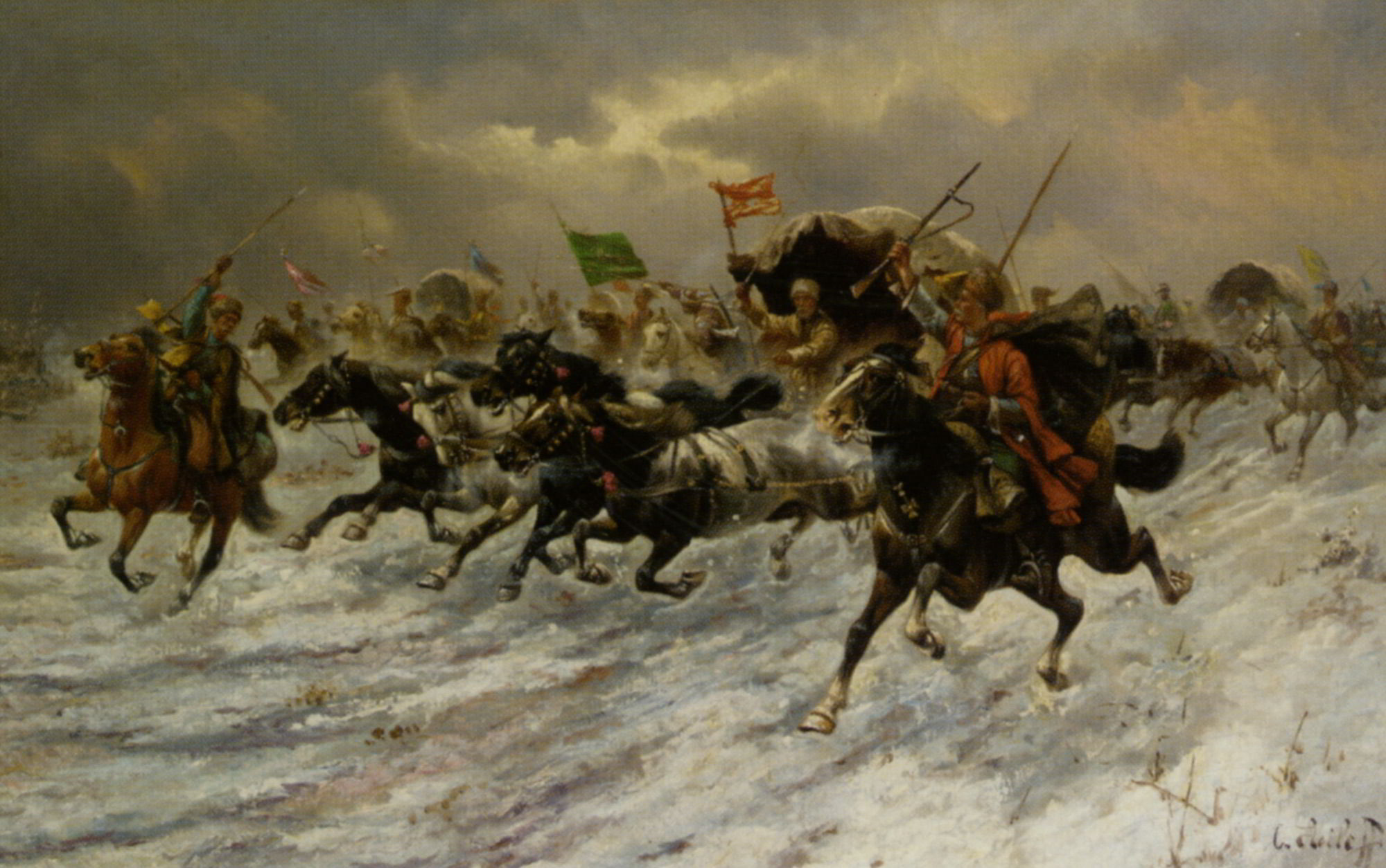 Russian Horsemen Storming the Battle Field by Constantin Stoiloff-Oil Painting