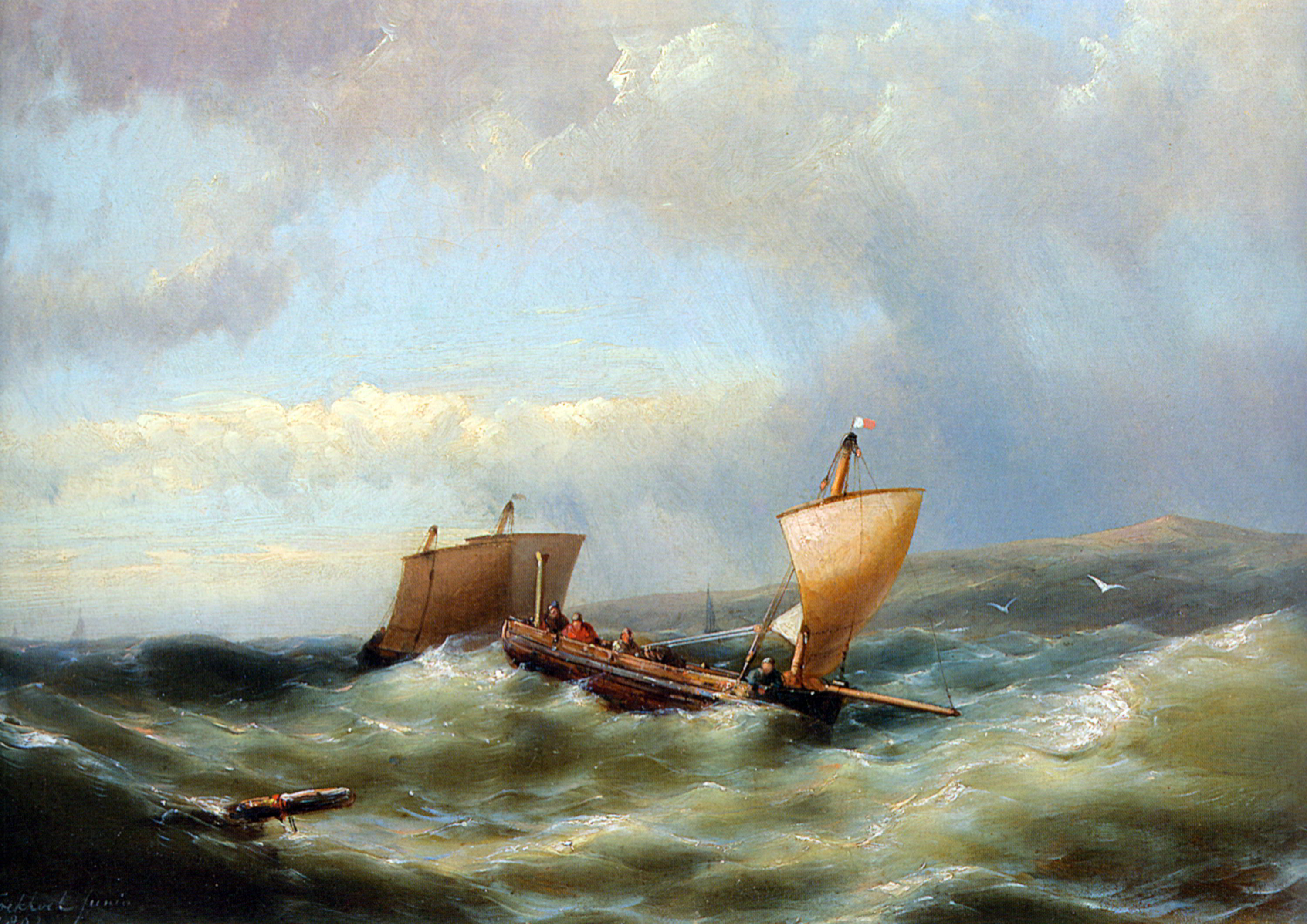 Sailors in a barge on a choppy sea by Hermanus Jr. Koekkoek