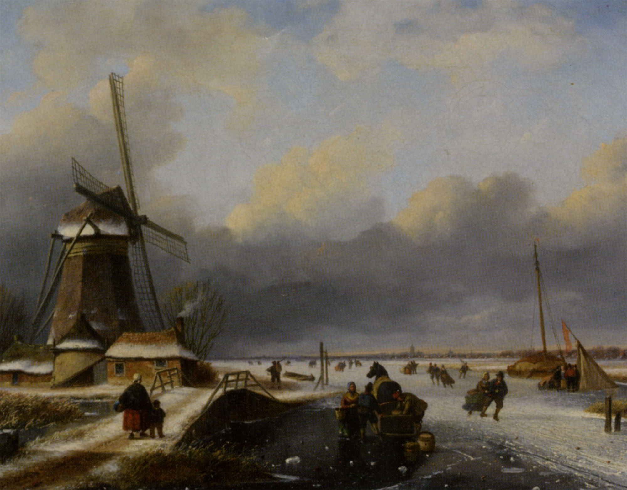 Skaters on a frozen river by Nicolaas Johannes Roosenboom-Dutch Painting