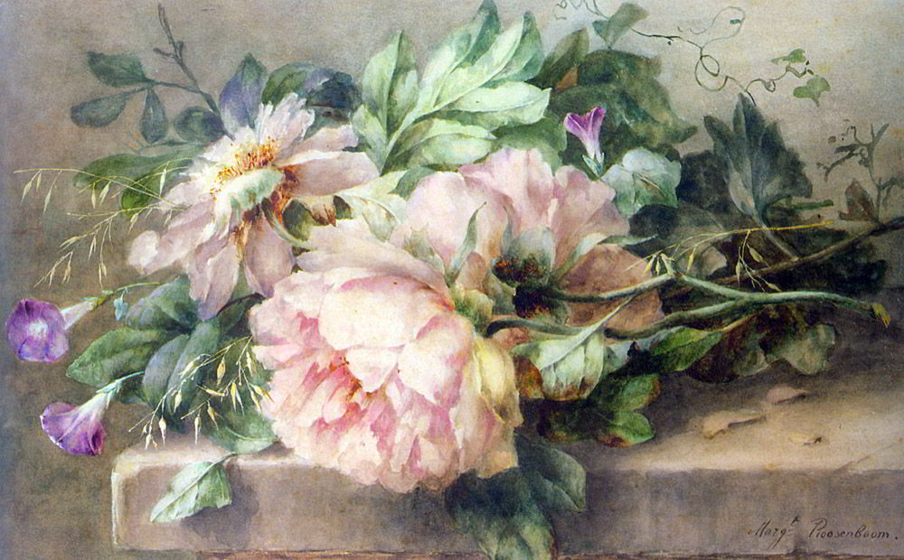 Still Life with Peonies and Morning Glory by Margaretha Roosenboom-Watercolour Painting