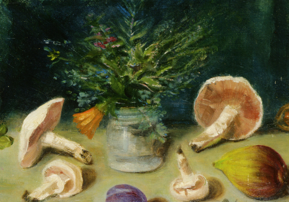 Still life with mushrooms figs and flowers by Rhoda Vava Mary Lecky Pike Birley