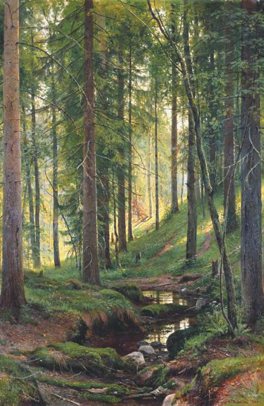 Stream by a Forest Slope by Ivan Shishkin-Landscape Painting